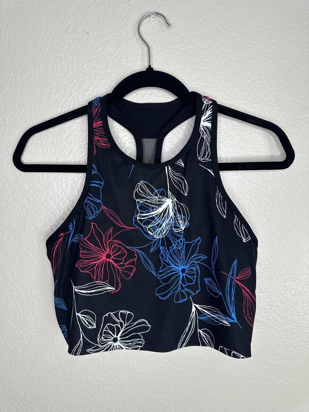 Fabletics Sports Bra Womens XS Black Floral Racerback High Neck Athletic Gym